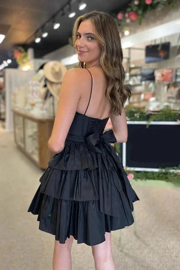 Black Straps Satin A-Line Short Corset Homecoming Dress With Bow PD543 by pgmdress