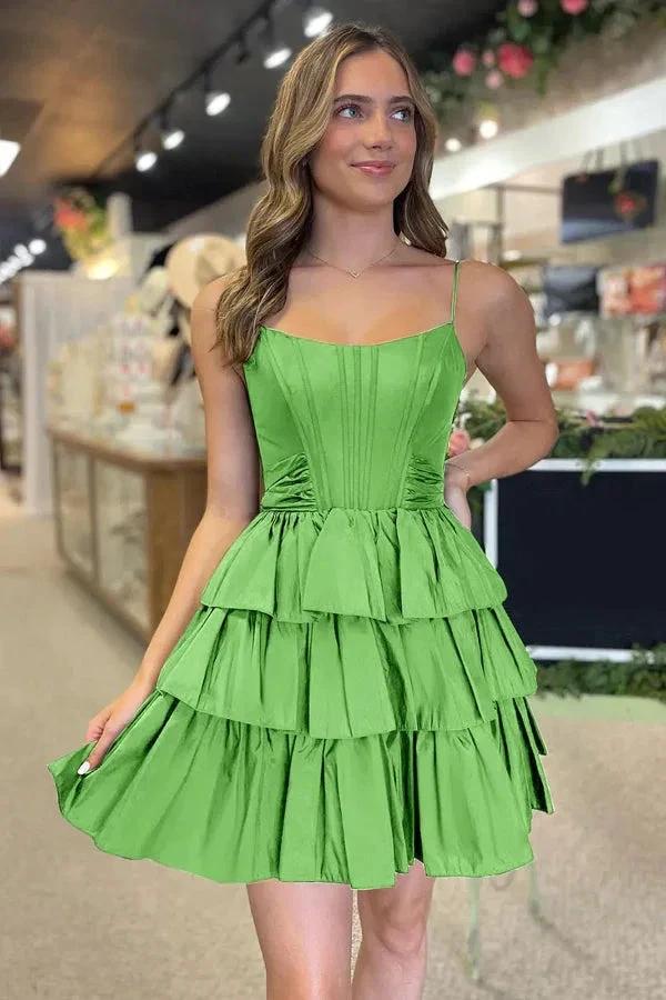 Black Straps Satin A-Line Short Corset Homecoming Dress With Bow PD543 by pgmdress