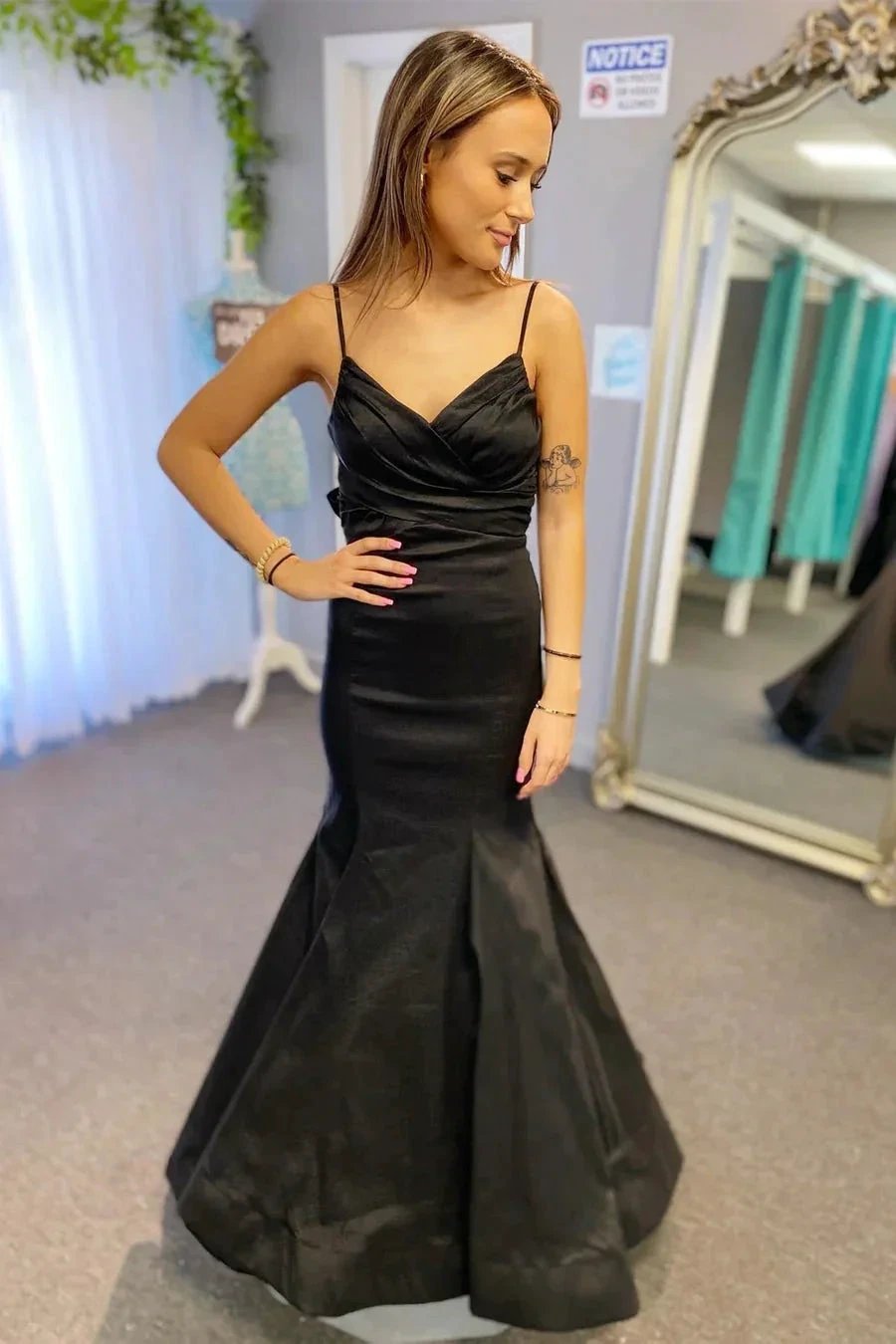 Satin Surplice Pleated Straps Black Long Prom Dress with Bow PSK437 by pgmdress