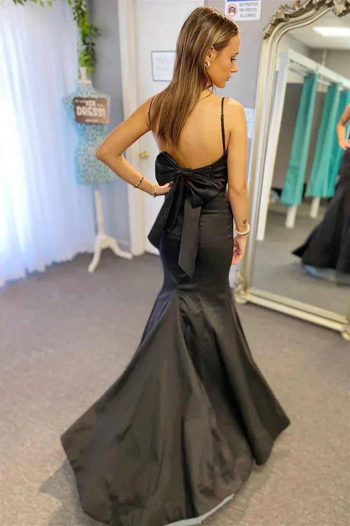 Satin Surplice Pleated Straps Black Long Prom Dress with Bow PSK437 by pgmdress