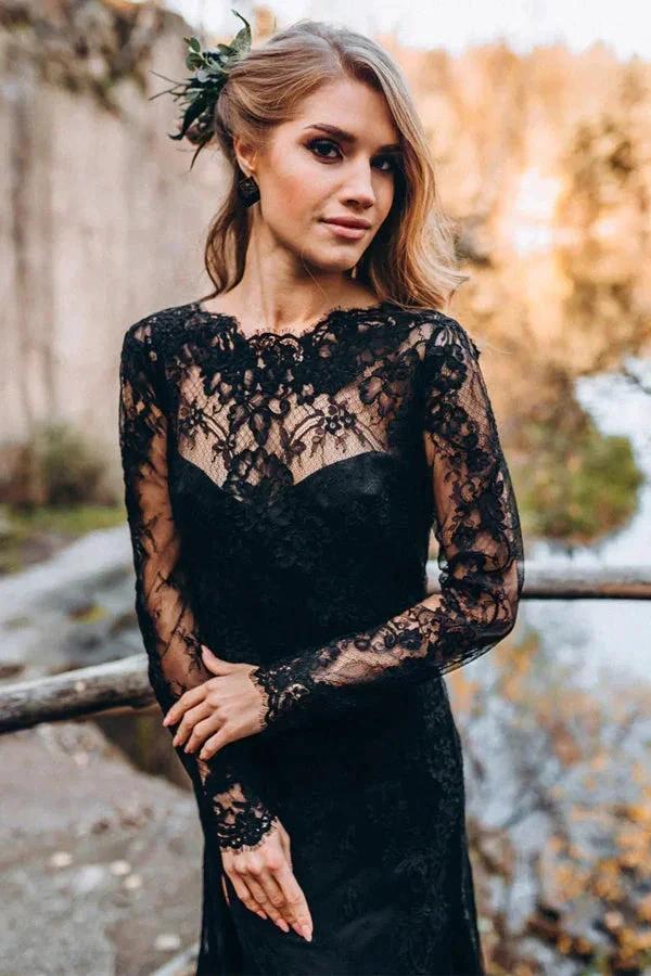 Black Sweetheart Long Sleeves Lace Backless Wedding Dresses WD673 by pgmdress