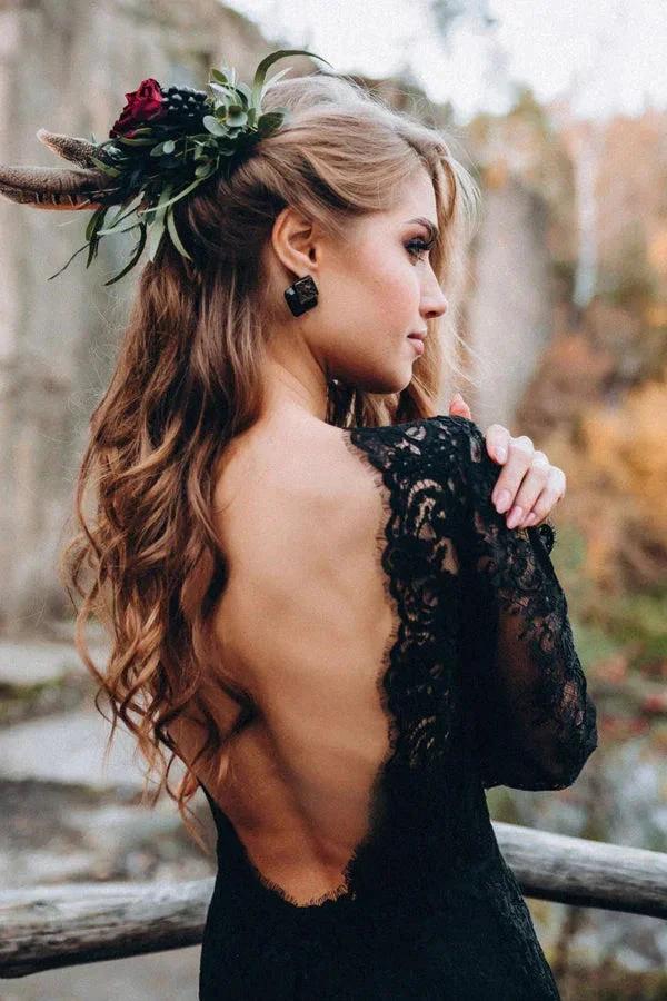 Black Sweetheart Long Sleeves Lace Backless Wedding Dresses WD673 by pgmdress