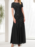 Blue Mermaid Round Neck Long Mother of the Bride Dress With Beadings