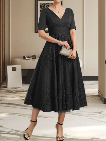 A-line V-Neck Tea-Length Tulle Lace Mother of the Bride Dress With Pleated