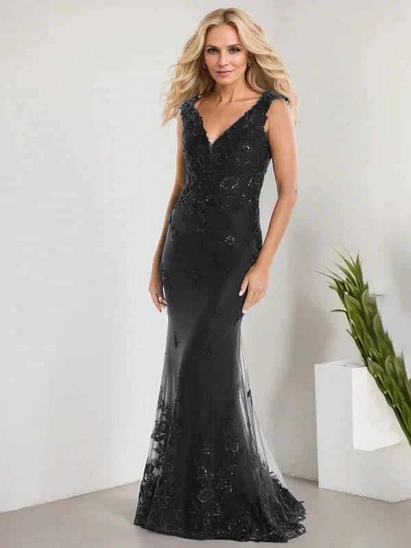 A-line V-Neck Floor-Length Lace Chiffon Mother of the Bride Dress With Applique Sequins Mermaid Dresses by Dreamylily
