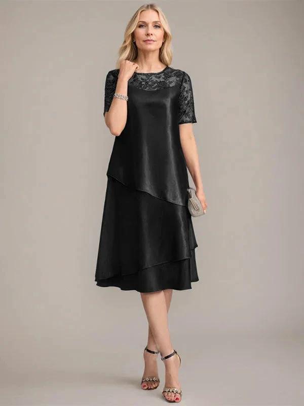 A-Line Scoop Knee-Length Mother of the Bride Dress With Applique & Sequins by Dreamylily