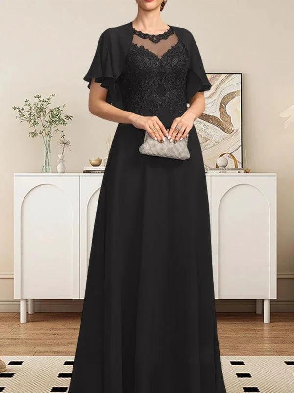 A-line Scoop Illusion Floor-Length Lace Chiffon Mother of the Bride Dress With Sequins by Dreamylily
