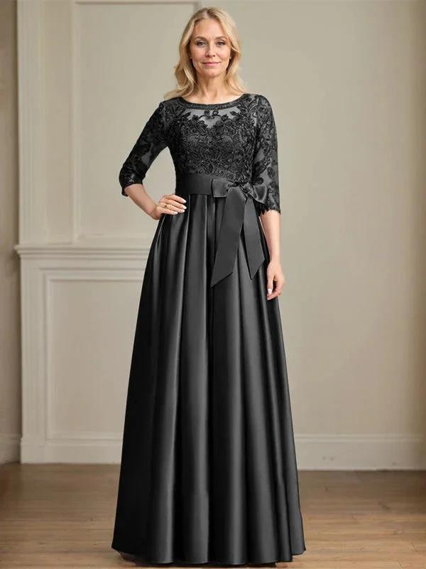 A-line Scoop Illusion Floor-Length Satin Lace Mother of the Bride Dress With Sequins Bow by Dreamylily