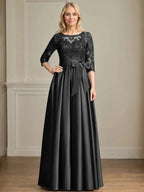A-line Scoop Illusion Floor-Length Satin Lace Mother of the Bride Dress With Sequins Bow by Dreamylily