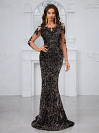 Women's Contrast Sequin embroidered Mermaid Hem Sequin Prom Dress by Sunnderly