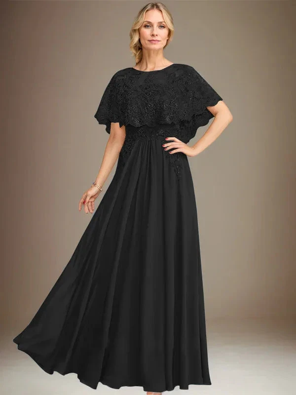 A-line Boat Neck Floor-Length Lace Chiffon Mother of the Bride Dress With Applique Sequins by Dreamylily