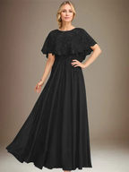 A-line Boat Neck Floor-Length Lace Chiffon Mother of the Bride Dress With Applique Sequins by Dreamylily