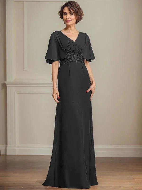 A-line V-Neck Floor-Length Chiffon Mother of the Bride Dress With Pleated Sequins Appliques Lace by Dreamylily