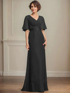 A-line V-Neck Floor-Length Chiffon Mother of the Bride Dress With Pleated Sequins Appliques Lace by Dreamylily