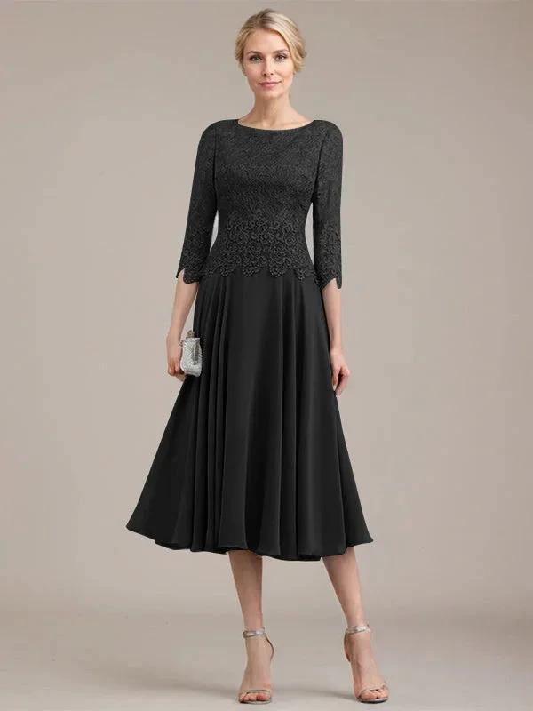 A-line Scoop Tea-Length Lace Chiffon Mother of the Bride Dress by Dreamylily
