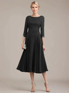 A-line Scoop Tea-Length Lace Chiffon Mother of the Bride Dress by Dreamylily