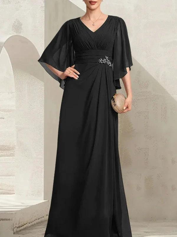 Sheath/Column V-Neck Floor-Length Chiffon Mother of the Bride Dress With Pleated Sequins Beading by Dreamylily