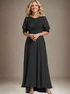 A-line Scoop Illusion Asymmetrical Chiffon Lace Mother of the Bride Dress With Beading by Dreamylily