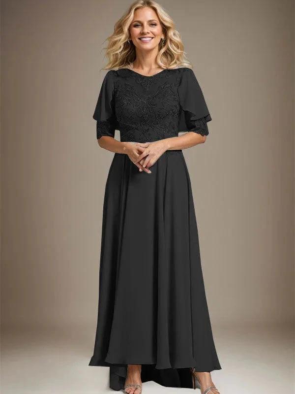 A-line Scoop Illusion Asymmetrical Chiffon Lace Mother of the Bride Dress With Beading by Dreamylily