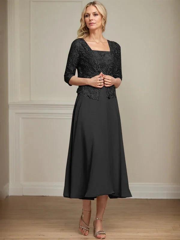 A-line Square Tea-Length Chiffon Lace Mother of the Bride Dress With Sequins Beading by Dreamylily