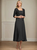 A-line Square Tea-Length Chiffon Lace Mother of the Bride Dress With Sequins Beading by Dreamylily