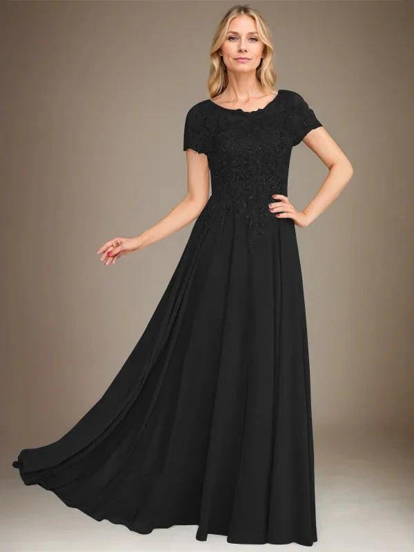 A-Line Scoop Floor-Length Chiffon Mother of the Bride Dress With Applique & Sequins by Dreamylily