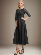 A-line Scoop Tea-Length Lace Chiffon Mother of the Bride Dress With Sequins by Dreamylily