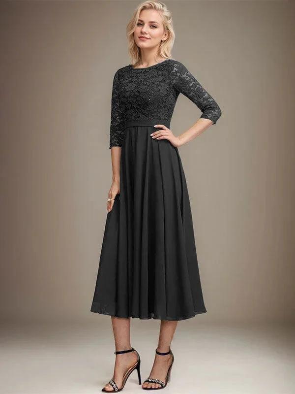 A-line Scoop Tea-Length Lace Chiffon Mother of the Bride Dress With Sequins by Dreamylily