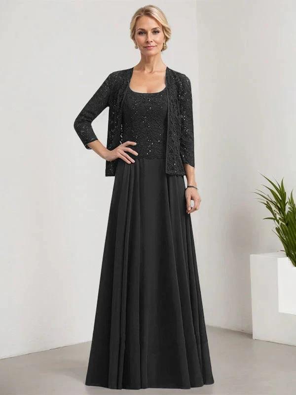 A-line Square Floor-Length Lace Chiffon Mother of the Bride Dress With Sequins by Dreamylily