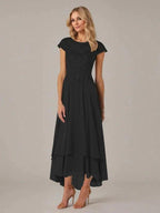 A-line Boat Neck Illusion Asymmetrical Chiffon Lace Mother of the Bride Dress With Applique Pleats by Dreamylily