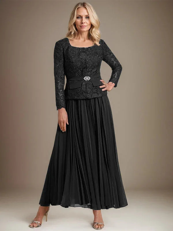 Vestido de gasa para madre de la novia con corte A, cuadrado, largo hasta los tobillos, con pliegues 