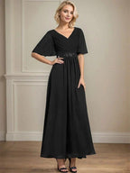 A-line V-Neck Ankle-Length Chiffon Mother of the Bride Dress With Pleated Beading Sequins by Dreamylily
