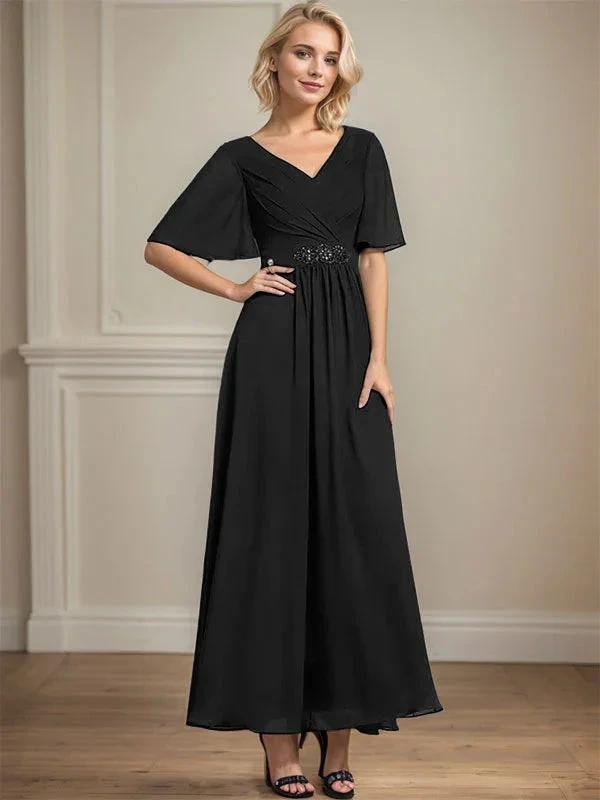 A-line V-Neck Ankle-Length Chiffon Mother of the Bride Dress With Pleated Beading Sequins by Dreamylily