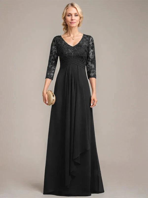 A-line V-Neck Floor-Length Lace Chiffon Mother of the Bride Dress With Cascading Ruffles Sequins by Dreamylily