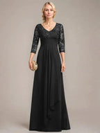 A-line V-Neck Floor-Length Lace Chiffon Mother of the Bride Dress With Cascading Ruffles Sequins by Dreamylily