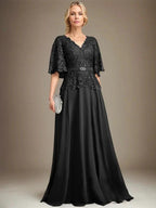A-line V-Neck Floor-Length Chiffon Lace Mother of the Bride Dress With Crystal Brooch Rhinestone by Dreamylily
