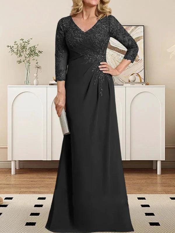 Sheath/Column V-Neck Illusion Floor-Length Lace Chiffon Mother of the Bride Dress With Pleated Sequins by Dreamylily