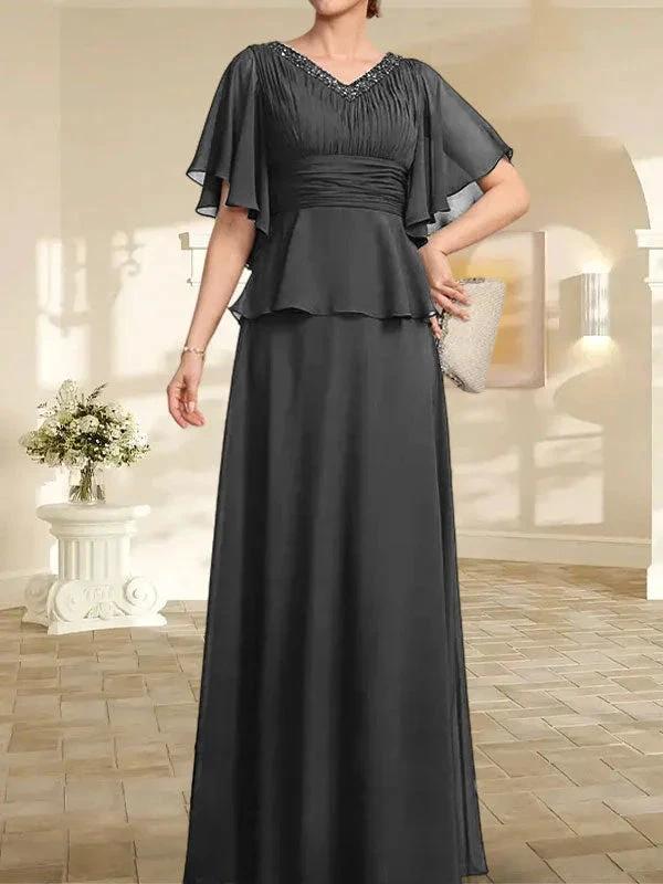 A-line V-Neck Floor-Length Chiffon Mother of the Bride Dress With Pleated Beading by Dreamylily