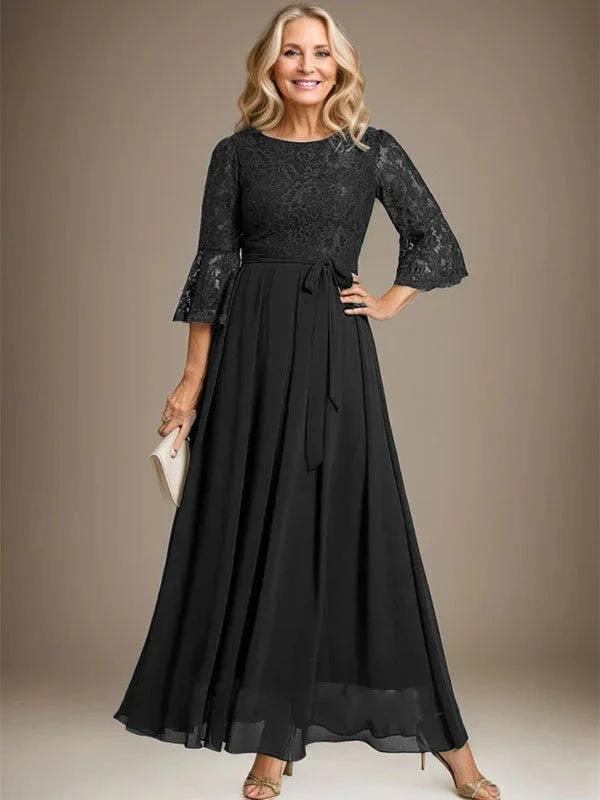 A-line Scoop Ankle-Length Lace Chiffon Mother of the Bride Dress With Bow by Dreamylily