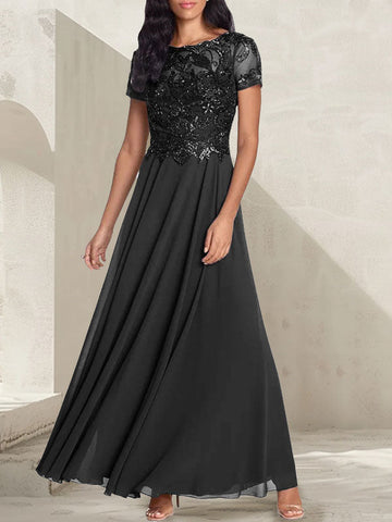 Vestido largo de madre de la novia con escote redondo, corte A, color gris carbón y cuentas