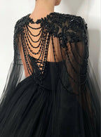Black Luxury Gothic  Wedding Dress Beaded Tulle Ball Gown With Sheer Beaded Cape SW564