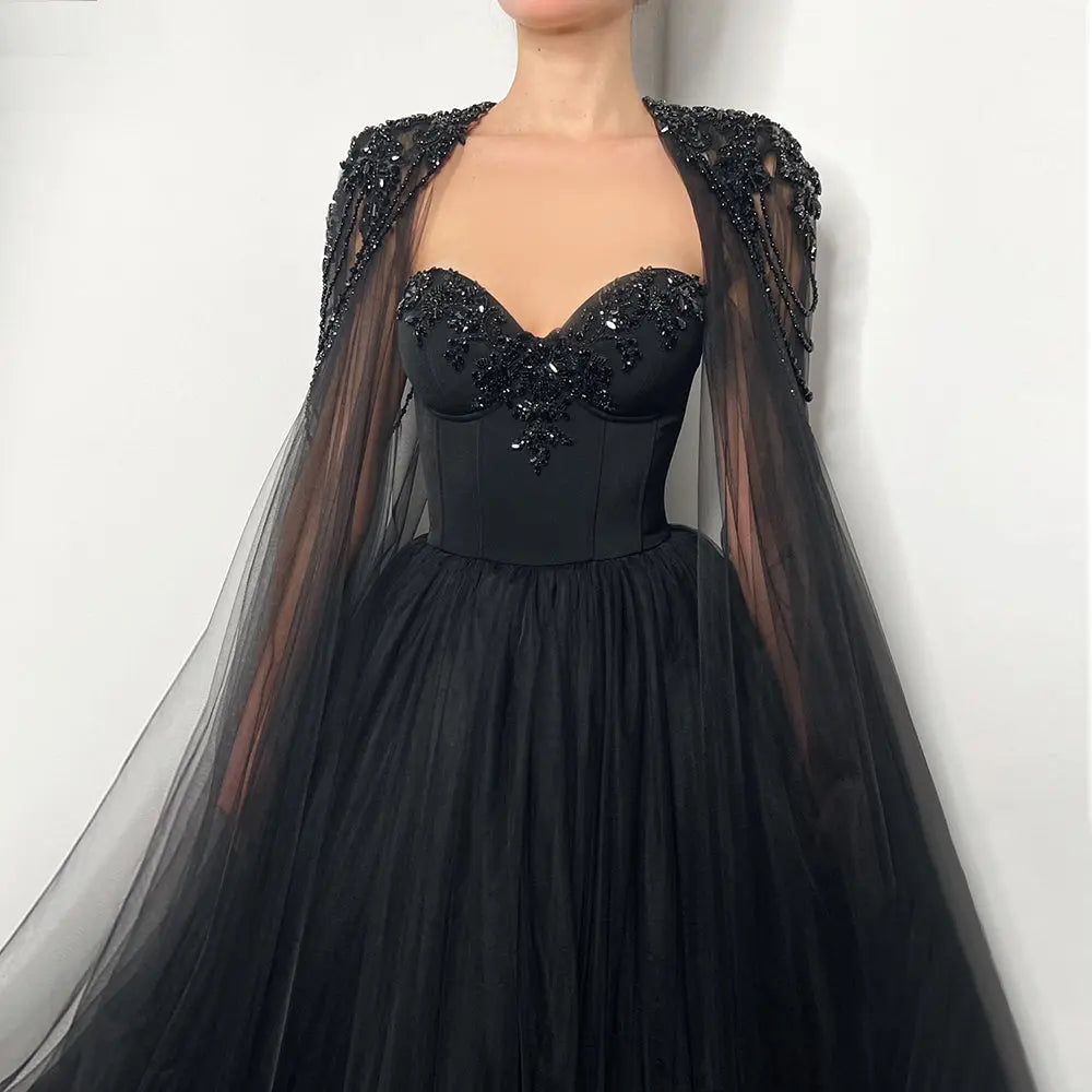 Black Luxury Gothic  Wedding Dress Beaded Tulle Ball Gown With Sheer Beaded Cape SW564
