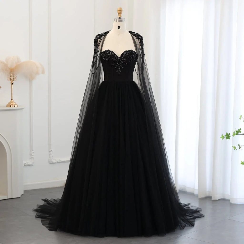 Black Luxury Gothic  Wedding Dress Beaded Tulle Ball Gown With Sheer Beaded Cape SW564