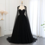 Black Luxury Gothic  Wedding Dress Beaded Tulle Ball Gown With Sheer Beaded Cape SW564