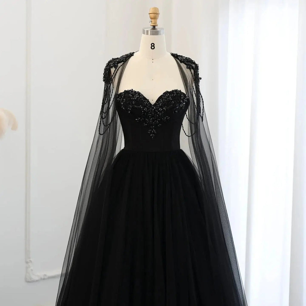 Black Luxury Gothic  Wedding Dress Beaded Tulle Ball Gown With Sheer Beaded Cape SW564