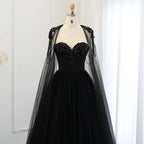 Black Luxury Gothic  Wedding Dress Beaded Tulle Ball Gown With Sheer Beaded Cape SW564