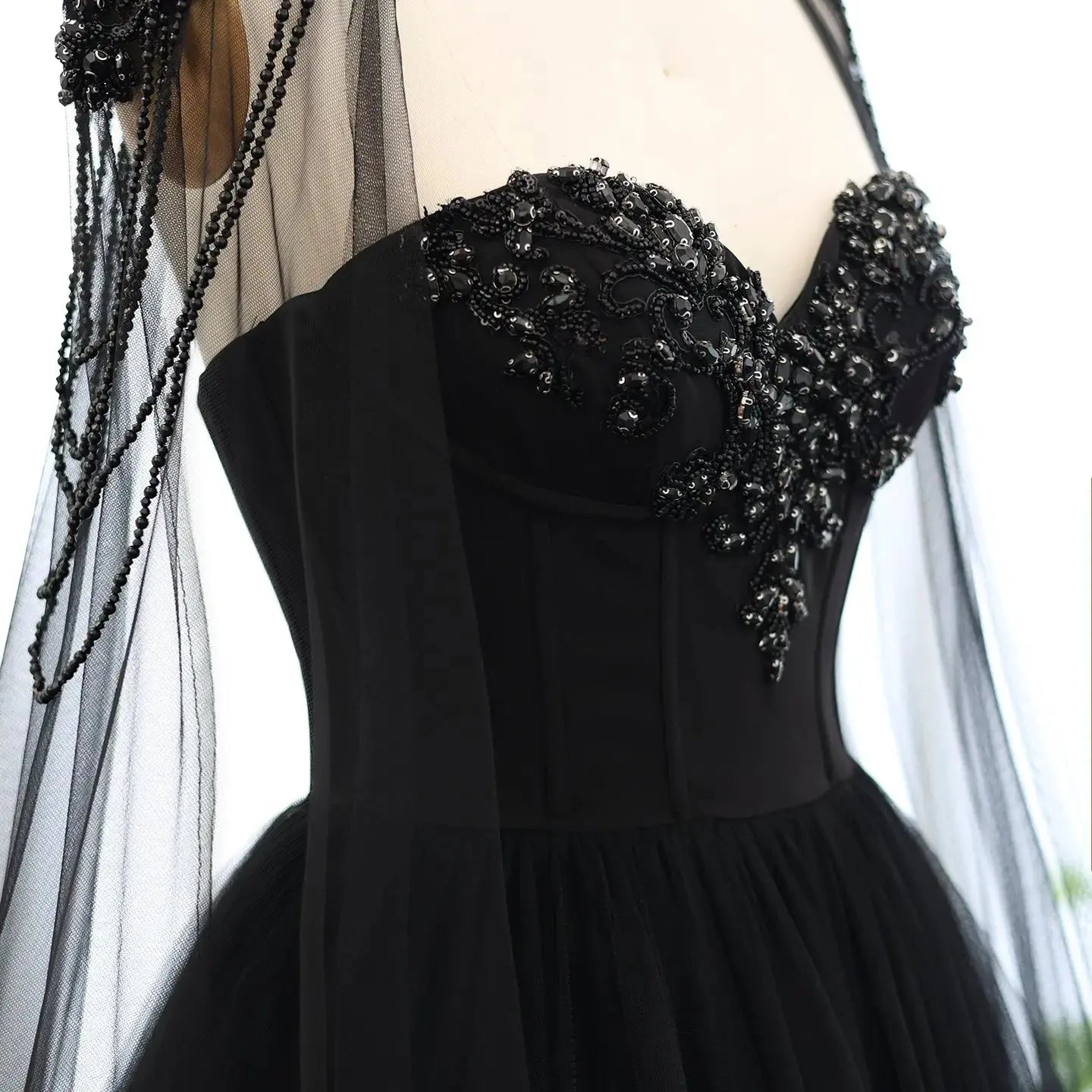 Black Luxury Gothic  Wedding Dress Beaded Tulle Ball Gown With Sheer Beaded Cape SW564