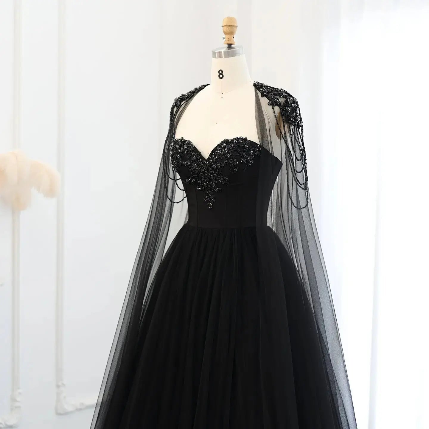 Black Luxury Gothic  Wedding Dress Beaded Tulle Ball Gown With Sheer Beaded Cape SW564
