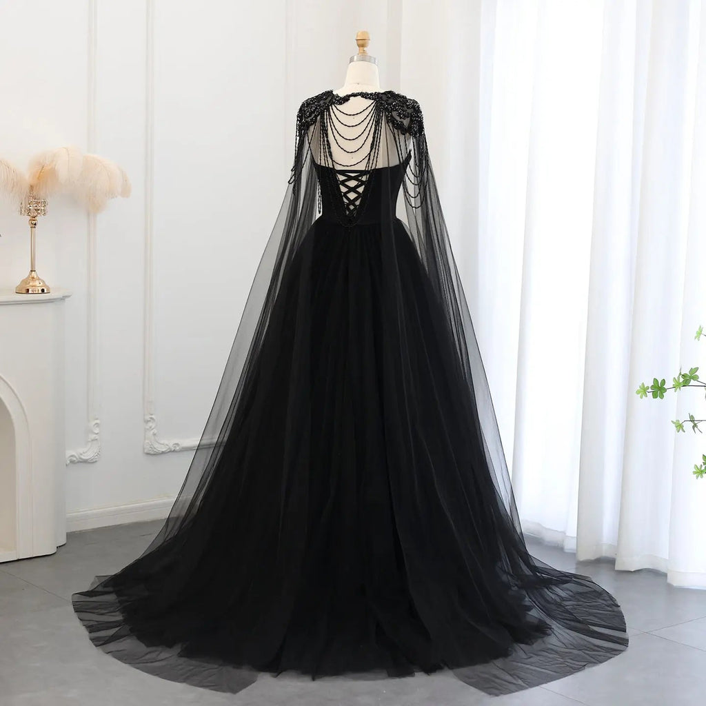 Black Luxury Gothic  Wedding Dress Beaded Tulle Ball Gown With Sheer Beaded Cape SW564