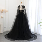 Black Luxury Gothic  Wedding Dress Beaded Tulle Ball Gown With Sheer Beaded Cape SW564